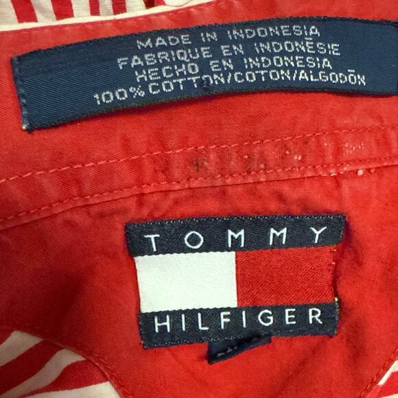 Tommy Hilfiger Men Red White Striped Short Sleeve Button Down Shirt Top Size XL - Picture 4 of 4